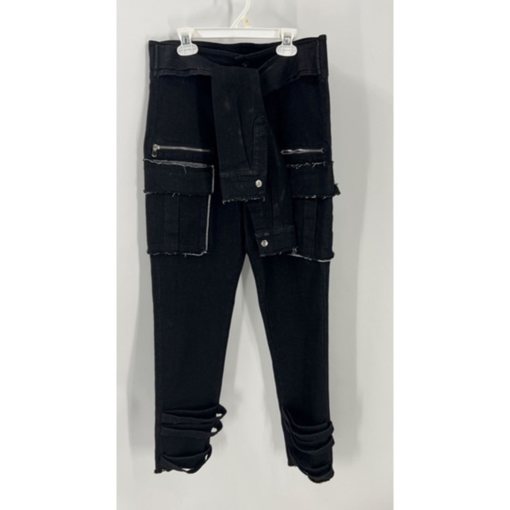 Gritty Soul Black Moses Distressed Jeans Waist Tie Sleeves Cargo Pockets L